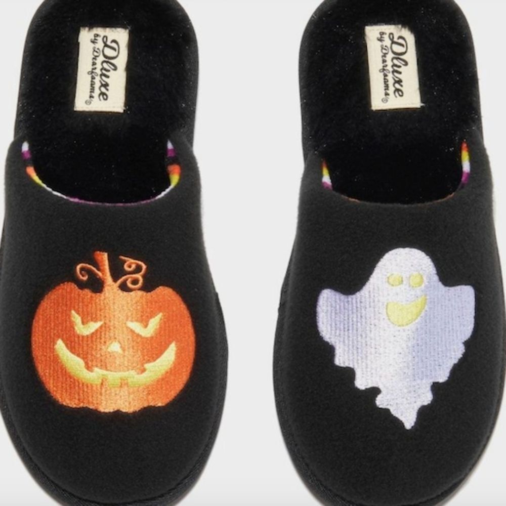 NWT Dluxe by Dearfoams Halloween Pumpkin Ghost Slippers, Sz M (7-8)